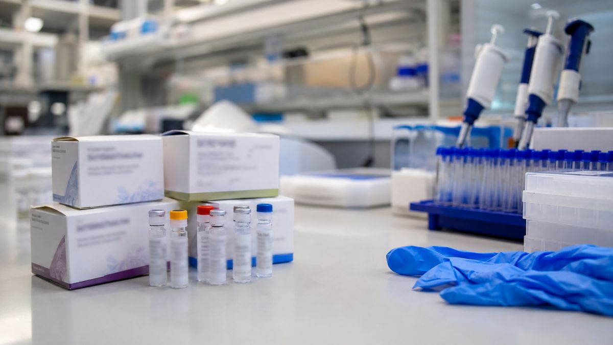 Mesa de laboratorio con viales y pipetas
