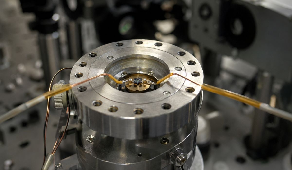 Presionar un extraño superconductor revela varias fases diferentes y nuevas pistas sobre cómo se emparejan sus electrones 1 Microdispositivo en montaje optico