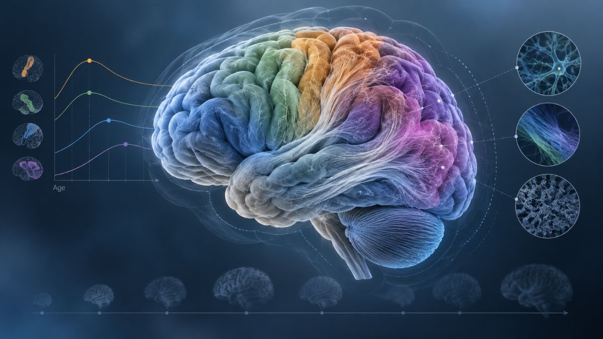 El cerebro no envejece todo a la vez: distintas regiones alcanzan su máximo estructural en momentos muy diferentes 1 Ilustracion del cerebro y su evolucion