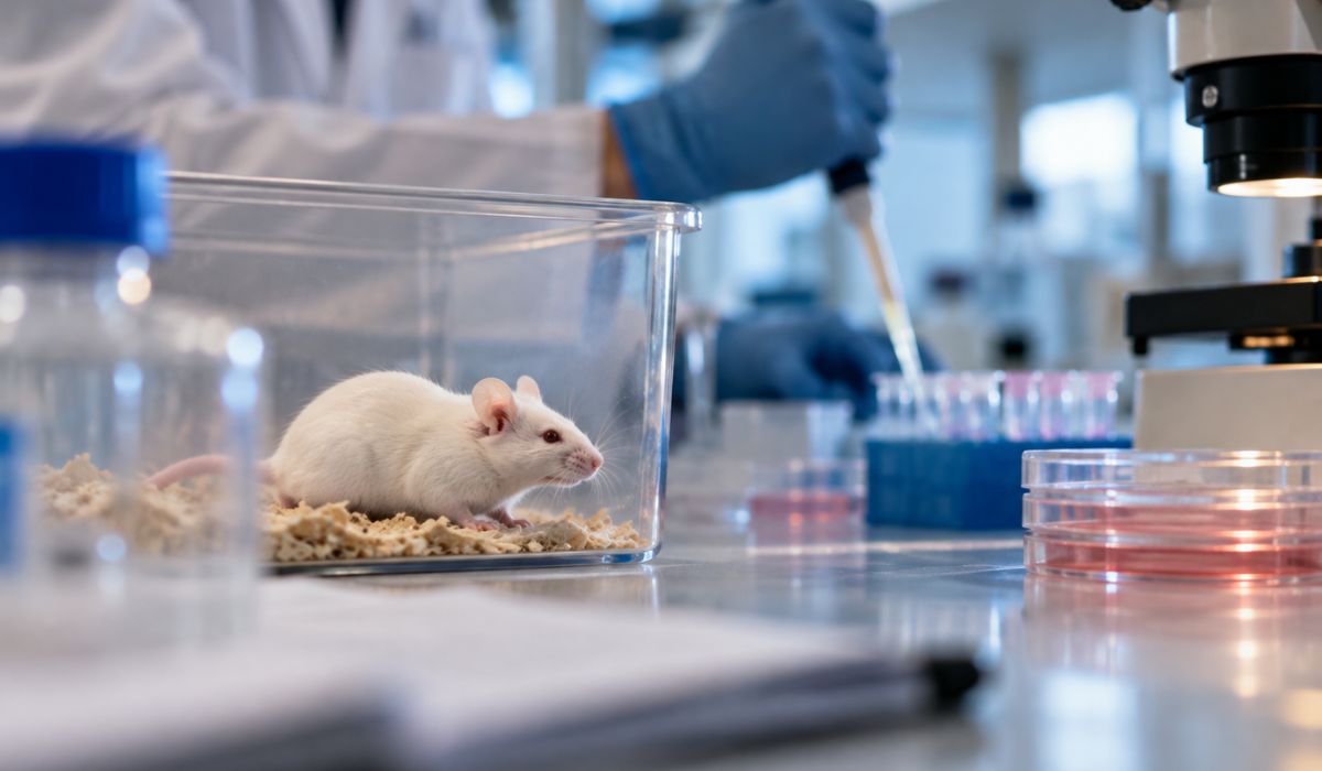 Raton blanco en laboratorio de investigacion