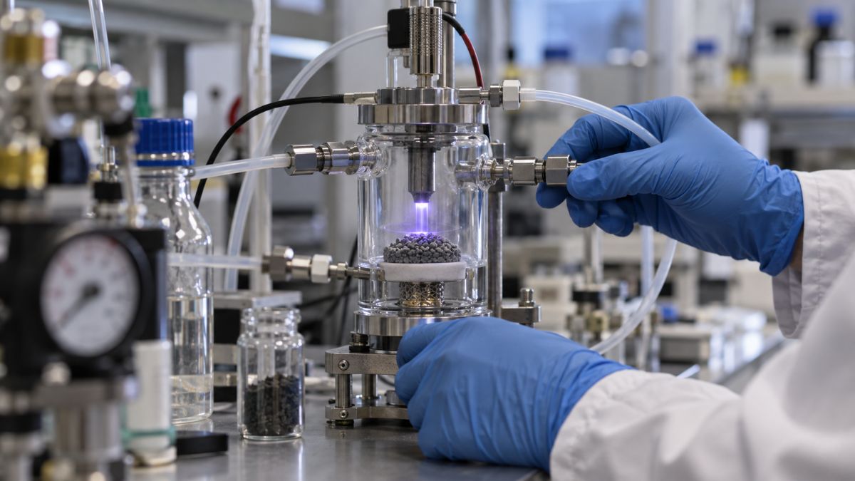 Un nuevo catalizador permite producir amoniaco mediante plasma a presión ambiente y estabiliza platino a escala casi atómica 1 Reactor de plasma en laboratorio